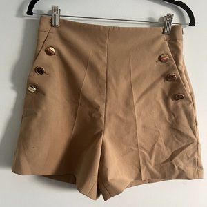 Zara Tan High-Waisted Shorts with Gold Side Buttons and Pockets, size M